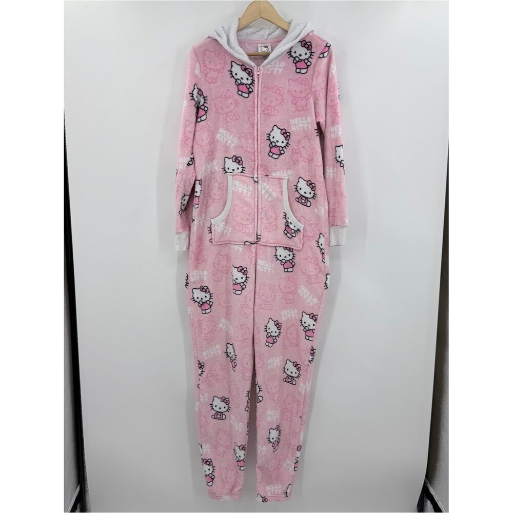 Hello Kitty Pink Fleece Hooded Union Suit Onesie One Piece Pajamas Unisex Medium